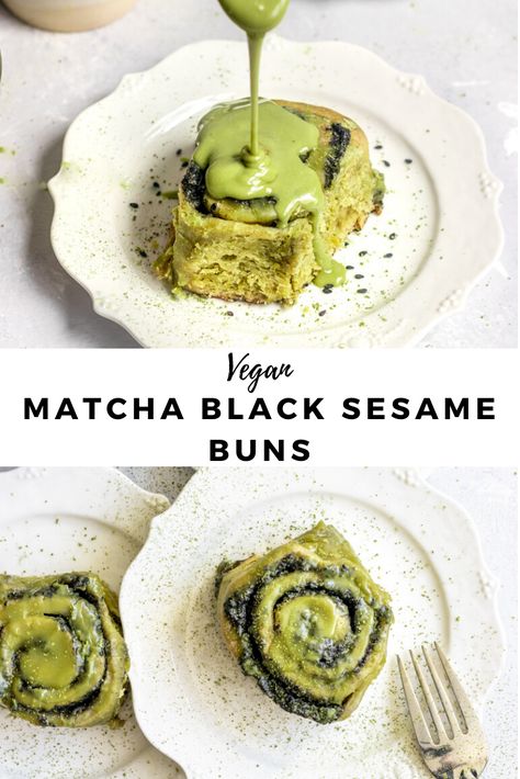 These Vegan Matcha Black Sesame Sticky Buns make the best vegan matcha dessert recipe. Matcha bread dough is filled with a black sesame sugar filling and topped with matcha icing for a beautiful dessert recipe. A truly delicious matcha black sesame dessert that is great for baking as for a sweet weekend brunch. A sweet vegan brunch for a crowd or potluck! #vegan #matcha #blacksesame #recipe #sgtoeats Matcha Icing, Potluck Vegan, Sesame Dessert, Matcha Black Sesame, Black Sesame Dessert, Matcha Bread, Matcha Dessert Recipes, Healthy Vegan Dessert, Matcha Baking