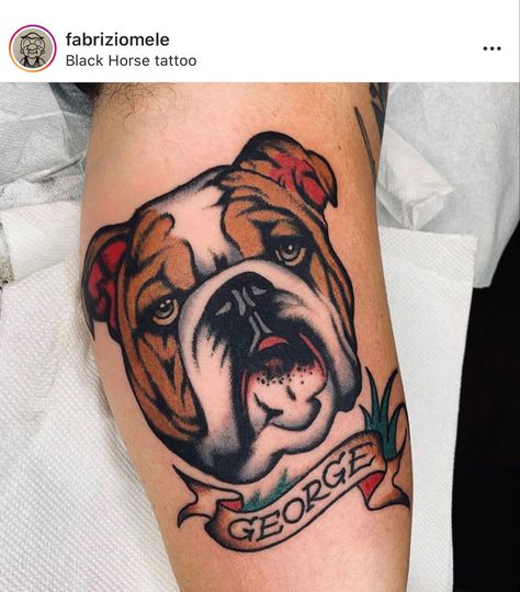 Pitbull American Traditional Tattoo, American Traditional Pitbull, American Traditional Dog Portrait, Traditional Pitbull Tattoo, American Traditional Bulldog Tattoo, Dog Sleeve Tattoo, Dog Tattoo Traditional, Dog Traditional Tattoo, English Bulldog Tattoo