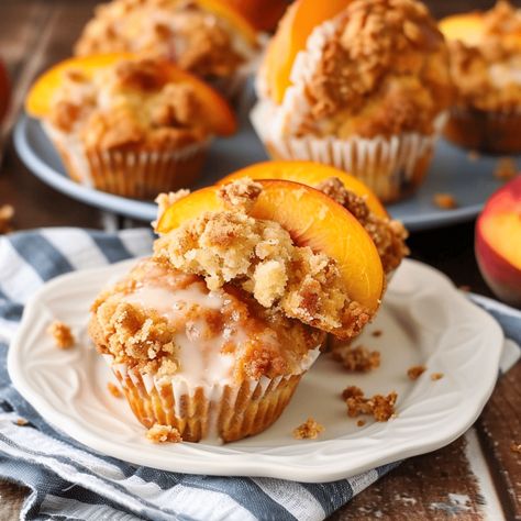 Delicious peach cobbler muffins with a crumbly streusel topping. Perfectly sweet and moist, these muffins are a fruity treat! Cobbler Muffins, Peach Cobbler Muffins, Fresh Peach Recipes, Fruity Treats, Muffin Liners, Cinnamon Milk, Streusel Topping, Sweet Food, Peach Cobbler