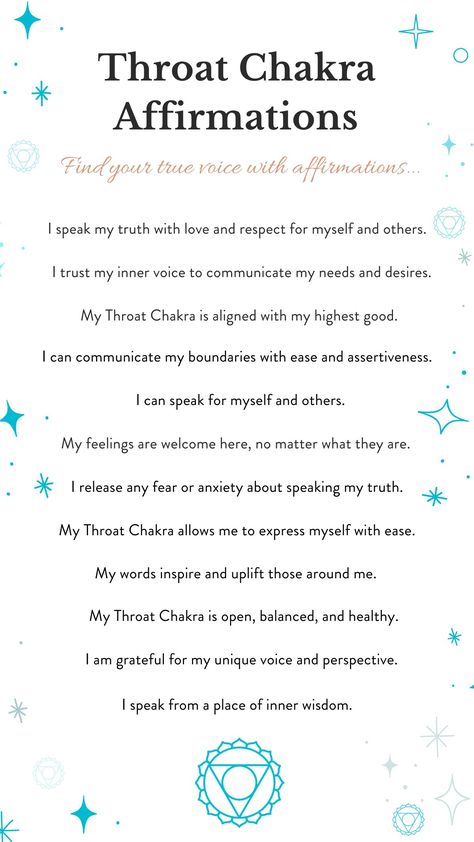 We’ve compiled 80 Throat Chakra affirmations to help you unlock your true voice. Let’s start your chakra healing journey. #selflovetips #selflove #selfcare #selfhealingjourney #selfheal #healingwork #healingjourney #healingenergy #chakraworkshop #chakracrystals #sevenchakras #crystalworkshop #crystals #chakrabalancing #chakrahealing #chakra #shadowwork #womenscircle #chakrabalance #chakrawork #chakraalignment #chakrabalancing #meditation #chakrahealing #chakra Unlock Chakra, Sacral Chakra Affirmation, Throat Chakra Crystals, Ways To Heal, Chakra Affirmations, Energy Healing Spirituality, Writing Therapy, Physical Touch, Throat Chakra