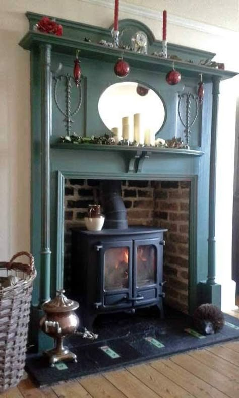 Victorian Style Fireplace Ideas, Victorian Living Room Wood Burner, Wood Burner Fireplace Edwardian, Victorian Cottage Fireplace, Edwardian Fire Surround, Pot Belly Stove Fireplace Living Rooms, Edwardian Fireplace Surround, Edwardian Fireplace Ideas, Wood Stove With Mantle