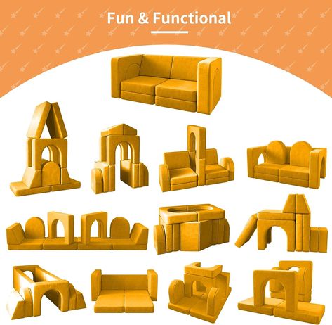 IMAGINATION AND CREATIVITY: Enjoy the kid couch sofa converting different functions. These 10 foam pieces can become a car, a tent, a church, a scooter, a castle, a slide, a sofa, a bed lounge, or anything that your children can imagine. Meanwhile, this toddler play couch is a decorative modular sofa for playrooms, bedrooms, children's rooms, nurseries. A perfect playroom addition for playing and inspiring imagination. Play Furniture For Kids, Kids Couch Playroom, Playroom Couch Ideas, Play Couch Builds, Playroom Addition, Toddler Couch, Play Sofa, Bed Lounge, Kids Castle