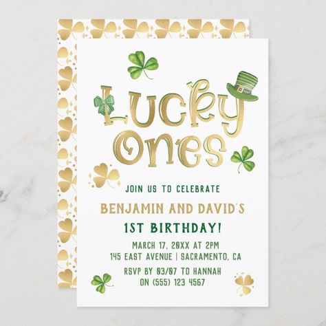 Lucky One First Birthday, St Patricks Day Hat, Party Invitation Design, Typography Script, Twins 1st Birthdays, Twin First Birthday, Twin Birthday, Gold And Green, 1st Birthday Invitations