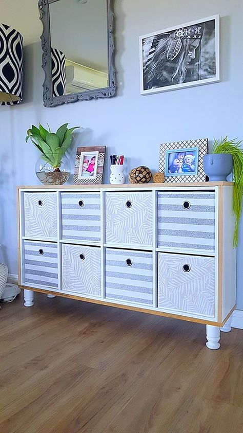 KMART 2 x 4 cube shelf made into sideboard Cube Storage Decor, Ikea Cubes, Shelf Makeover, Cube Furniture, Cube Shelf, Cube Storage Shelves, Kids Bedroom Designs, Cube Bookcase, Cube Shelves