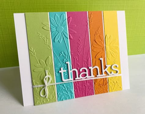 Cards With Stripes, Paper Strip Cards, Embossing Folders Cards, Scrap Paper Cards, Elegant Birthday Cards, Paint Chip Cards, Flowers Paper Craft, Strip Cards, Rainbow Cards