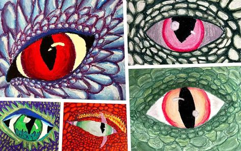 The dragon eye art lesson is always a favorite with my art students who love the freedom, working with oil pastels and the colorfulness. Dragon Eyes Art, Dragon Eye Art Project, Dragon Eye Art, Dragon Eye Art Lesson, 3rd Grade Oil Pastel Art, Dragon Eyes Art Lesson, Monster Art Lesson Elementary, Oil Pastel Dragon Eye, 3rd Grade Landscape Art Lesson