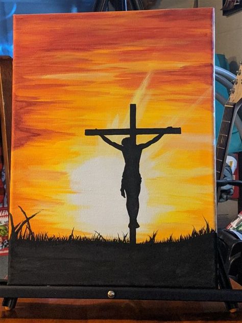 101 Easy Acrylic Painting Ideas for Beginners on Canvas | ACRYLIC PAINTING SCHOOL Silhouette Art Sunset, Painting Cross Ideas, 3 Crosses Painting, Godly Canvas Painting, Sunset With Cross Painting, Sunshine Acrylic Painting, Paintings Of Crosses On Canvas, Acrylic Christian Painting Ideas, Painting Of The Cross