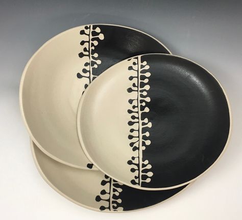 Platters with 'sprouts.' Does my microbiology and botany background show? Ceramic Plates Designs, Pottery Slip, Ceramics Bowls Designs, Plate Painting, Slab Ceramics, Gold Dinnerware, Pottery Painting Designs, Hand Built Pottery, Colorful Ceramics