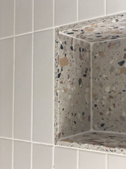 How to create a modern impactful bathroom with Mandarin Stone | Mandarin Stone Terrazzo Shower Niche, Porcelain Tiles Bathroom, Brown Terrazzo, Terrazzo Bathroom, Mandarin Stone, Bilik Air, Upstairs Bathrooms, Bathroom Inspo, Porcelain Flooring