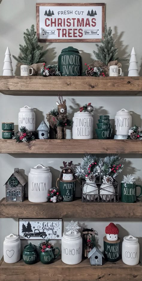 Rae Dunn Green Christmas Rae Dunn Christmas Display Ideas, Rae Dunn Green Christmas Display, Diy Rae Dunn Decor, Rae Dunn Christmas Decor, Christmas Rae Dunn Display, Rae Dunn Kitchen Display, Rae Dunn Decorating Ideas, Christmas Hutch Decorating Ideas, Rae Dunn Christmas Display