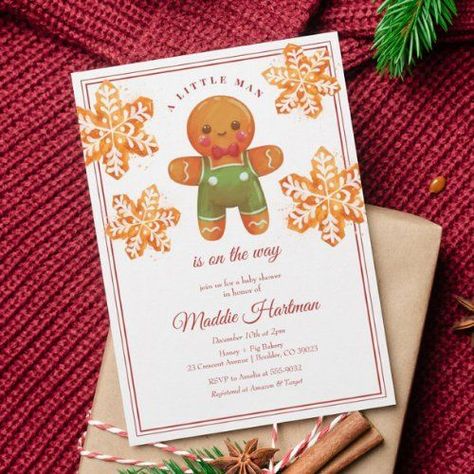 Little Man Gingerbread Man Christmas Baby Shower for $2.92 - Christmas Cards Unique Baby Shower Themes, Gingerbread Baby, Gingerbread Man Christmas, Boy Shower Invitations, Simple Baby Shower, Christmas Baby Shower, Gingerbread Christmas, Baby Shower Winter, Baby Shower Welcome Sign