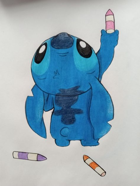 A draw of Stitch made with pencil colors Stiches Dessin, How To Draw Stitch, Stitch Drawing Sketches, Stitch Drawing Easy, Stitch Sketch, Bag Drawing, Easy Disney Drawings, Lilo And Stitch Drawings, Stitch Character