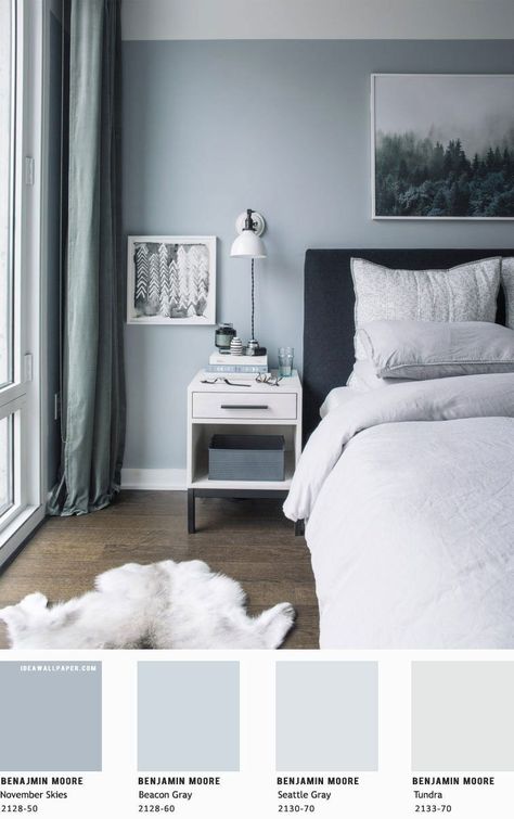 Sky Blue And Grey Bedroom, Beacon Gray Benjamin Moore, Benjamin Moore Beacon Gray, Bedroom Colour Schemes Blue, बेडरूम डिजाइन, Blue Gray Bedroom, Beautiful Bedroom Colors, Blue Bedroom Walls, Beautiful Bedroom Designs