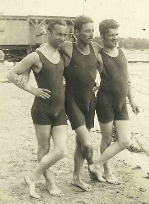 Vintage photo- three men on the beach in one-piece tanjk  bathing suit. Cow Boys, Jon Kortajarena, Francisco Lachowski, Andrew Christian, Vintage Everyday, Vintage Swimwear, David Gandy, Nick Jonas, Michael Buble