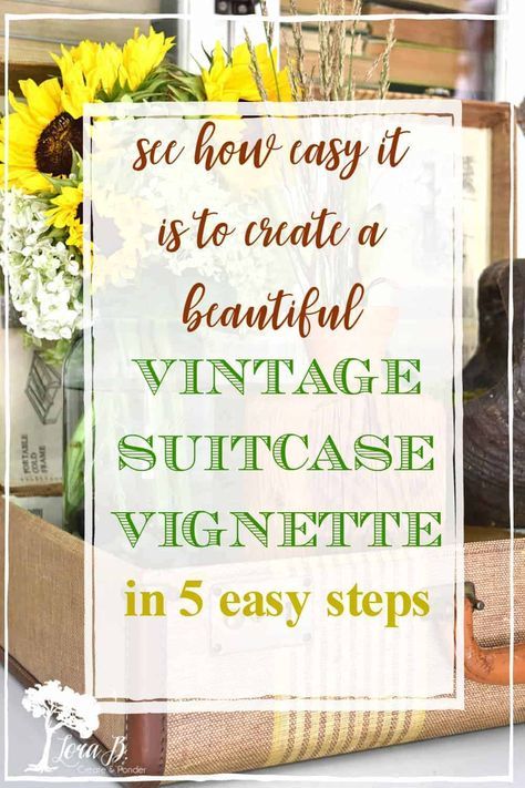 Here are 5 simple steps to creating a fun vignette in a vintage suitcase. Unique home decor accent and great repurpose. Vintage Suitcase Decor, Suitcase Display, Vintage Suitcase Wedding, Vintage Booth Display, Suitcase Decor, Old Luggage, Vintage Store Displays, Antique Booth Displays, Vintage Fall Decor