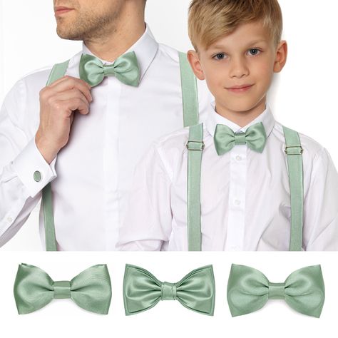 Sage Green Bowtie Groomsmen, Sage Green Bow Tie Groomsmen, Green Bow Ties For Wedding, Gold Suspenders Sage Green Bow Tie, Quince Dances, Light Green Bow Tie, Princess Tiana Birthday Party, Tiana Birthday Party, Green Suspenders