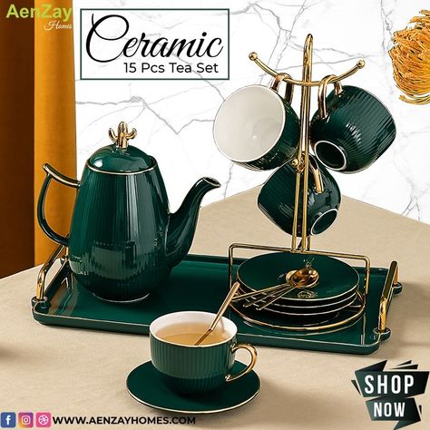 Shop Now 🛍 Luxurious ceramic tea set (15pcs), made of high quality ceramic porcelain clay with thermo-stability. Cups are designed in a unique, smooth and round shape with hand painted gold borders on the mouth. Its golden storage cup and cup saucer holder is designed for effective use of space, suitable for small family.
Product details:
Material: ceramic porcelain, metal
Color: emerald green
📞 03025072727
#homeaccessories #kitchenware #kitchendesign #kitchenaccessories #teacoaster #tealovers Porcelain Tea Set Aesthetic, Jade Tea Set, Arabian Tea Set, Green Teacup Aesthetic, Kitchenware Products, Egyptian Tea Set, Ceramic Tea Set, Tea Coaster, Kitchen Dinning