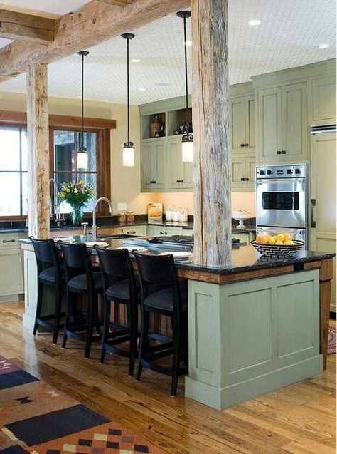 Load Bearing Wall Ideas, Columns Ideas, Kitchen Island With Columns, Country Kitchen Island, Diy Kitchens, Unique Kitchen Design, Rustic Kitchen Island, Kitchen Island Bar, Load Bearing Wall