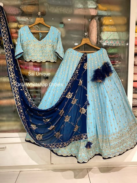 Lehenga Choli Color Combinations, Sky Blue Lehenga Combination, Floral Dresses With Sleeves, Lehenga Saree Design, Lehenga Pattern, Simple Lehenga, Indian Outfits Lehenga, Lehenga Designs Simple, Simple Kurta Designs