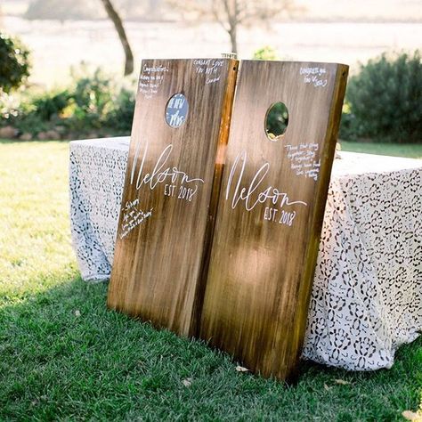 Basic Backyard Wedding, Sign In Board Wedding, Wedding Guest Book Unique Ideas, Original Wedding Guest Book Ideas, Bean Bag Board Wedding Guest Book, Rustic Wedding Guestbooks Ideas, Diy Wedding 2023, Cornhole Boards Designs Wedding Guest Book, Wedding Sign In Ideas Guest Books