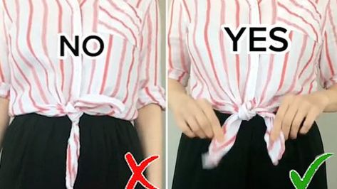 Melbourne fashion blogger reveals easy trick for tying a neat knot in your shirt Tie Knot In Shirt, How To Tie A Blouse Knot, Tie Shirt Knot, How To Tie A Shirt Knot, How To Tie A Shirt, Basic White Blouse, Tie A Shirt, Shirt Knot, Knot Shirt