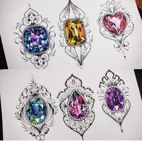 Kids Birthstones Emerald(Pearl) Onyx(Aquamarine) Silas(Amethyst) Tato Mandala, Jewelry Tattoo Designs, Tato Tradisional, Stone Tattoo, Jewel Drawing, Gem Drawing, Gem Tattoo, Jewel Tattoo, Crystal Tattoo