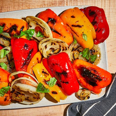 Grilled Peppers & Onions Grilled Peppers On The Grill, Grill Dishes, Grilled Onion, Louisiana Dishes, Grilled Peppers And Onions, Red Wine Vinaigrette, Grilled Peppers, Make Ahead Appetizers, Summer Produce