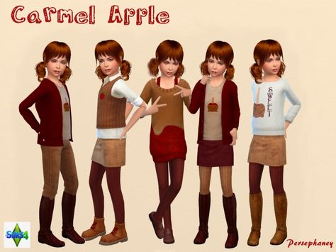 Fun fall fashion for female children featuring Caramel apple motifs and a Deep Red and Golden Beige color palette.  Found in TSR Category 'Sims 4 Sets' Apple Clothes, Sims 3 Cc Clothes, Apple Set, Los Sims 4 Mods, Cute Fall Fashion, Sims 4 Cc Kids Clothing, Beige Color Palette, Sims 4 Children, Free Sims