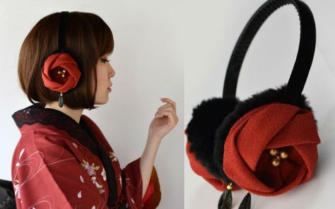 Accessories Japanese, Christmas Japan, Japanese Winter Outfits Traditional, Kimono Accessories Traditional, Japanese Traditional Accessories, Oiran Hair Accessories, Modern Kimono, Earmuffs, Japanese Kimono