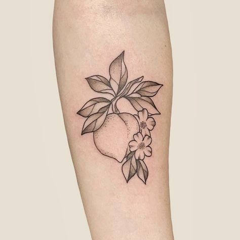 Black And Grey Peach Tattoo, Black And White Peach Tattoo, Peach Branch Tattoo, Peach Tree Tattoo, Peach Tattoo Ideas, Peaches Tattoo, Peach Blossom Tattoo, Peach Tattoo, Anniversary Tattoo