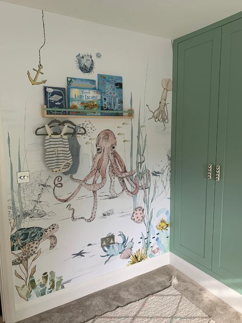 We get so many great pictures from you guys. It is so cool to see how everyone styles our products in their own way. We especially can't get enough of looking at the pictures were you are showing us our wallpapers in your spaces. It just never get's boring. So we want to show you a few of our favourites, which is reall Underwater Room, Ocean Mural, Bathroom Mural, Handmade Wallpaper, Sea Nursery, Ocean Nursery, Nursery Mural, Nursery Room Inspiration, Jungle Wallpaper