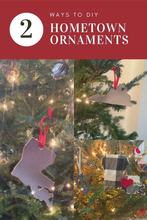 These ornaments came out super sweet and are a great gift to remind loved ones of friends and family back in their hometown.They. are also a great gift for someone who is spending Christmas away from home this year or for someone celebrating their first Christmas in a new home.Christmas in a new home. New Home Ornaments Diy, New Home Christmas Ornament Cricut, Mantle Greenery, First Christmas In New Home Ornament Diy, Hometown Christmas Ornaments, State Christmas Ornaments, State Ornaments, Fabric Christmas Ornaments, Felt Heart