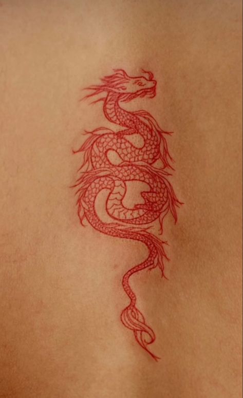 Red Fine Line Dragon Tattoo, Red Ink Rib Tattoo, Red Dragon Tattoo Back, Red Dragon Tattoos, Dragon Tramp Stamp, Red Dragon Back Tattoo, Dragon Tattoo On Side, Red Snake Tattoo, Dragon Tattoo Back