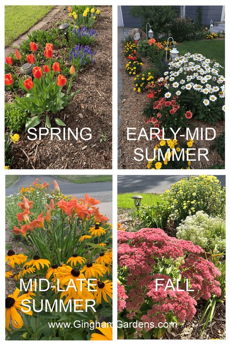 Gingham Gardens has an amazing guide that teaches home gardeners how to design a perennial garden with beautiful blooms from spring through fall. Three Seasons Of Beauty Garden, Perennials That Bloom Spring To Fall, Fall Blooming Perennials, Berm Garden, Gardening Beds, Perennial Garden Design, Best Plants For Shade, Memory Garden, Fall Flowers Garden