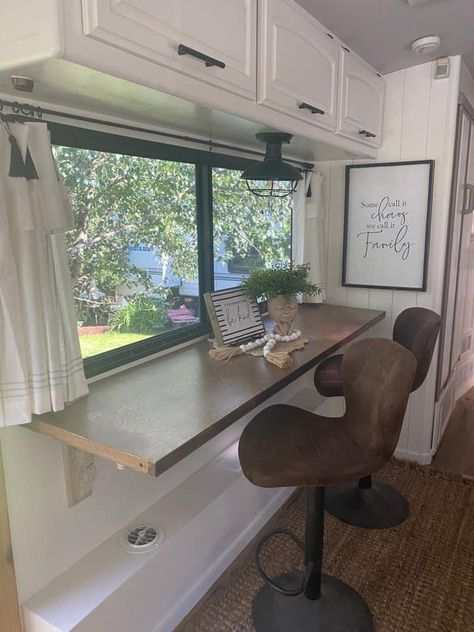 Custom Camper Interior, Camper Dinette Ideas, Class C Rv Remodel Interiors, Class C Rv Renovation Ideas, Camper Office, Caravan Interior Makeover, Rv Table, Vintage Trailer Remodel, Rv Remodeling