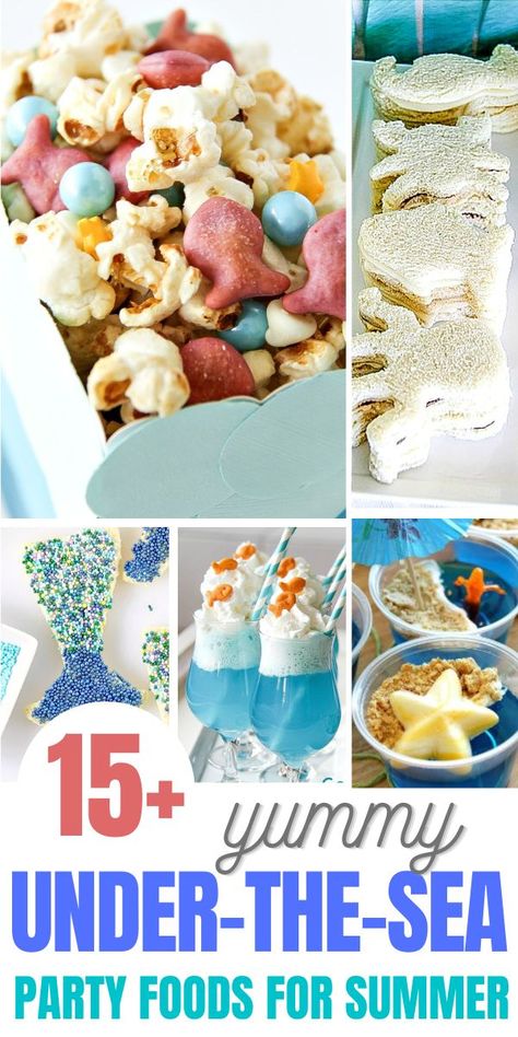 Beach Theme Menu Food Ideas, Ocean Birthday Food Ideas, Ocean Theme Appetizers, Water Theme Snacks, Splash Party Food Ideas, Beach Theme Snacks For Preschool, Ocean Themed Party Snacks, Mermaid Birthday Snacks Food Ideas, Beach Themed Snacks For Adults