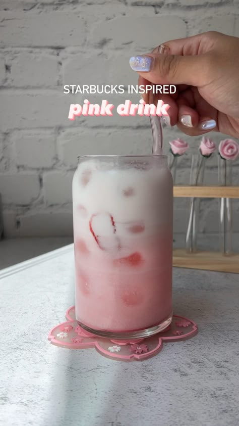 🌸🍓 it’s so good I already made this 3 times 😅 What other drinks/desserts should I try recreating? #homecafe #drinkrecipes #pinkdrink #pinkdrinkstarbucks #starbucksrecipes 3 Drinks Aesthetic, How Do You Make A Pink Drink, How To Make Yummy Drinks, Diy Yummy Drinks, Drinks To Make Healthy, How To Make Homemade Pink Drink, After School Drinks, Fast Drinks To Make, Tiktok Drink Recipe