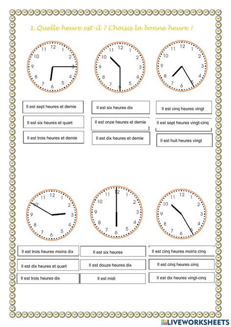 L'heure interactive worksheet for 1°ES0. You can do the exercises online or download the worksheet as pdf. French Preschool Activities, Learning French For Kids, French Flashcards, French Worksheets, French Teaching Resources, Time Worksheets, French Expressions, Microsoft Teams, French School