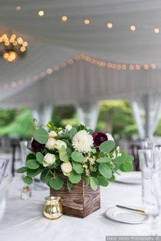 Romantic fall wedding white flower centerpiece in wood box with greenery {Daisy Saulls Photography} Wooden Box Centerpiece Wedding, Flower Box Centerpiece, White Flower Centerpieces, Wooden Box Centerpiece, Wood Box Centerpiece, Romantic Fall Wedding, Small Backyard Wedding, Bird Wedding, Flower Centerpiece