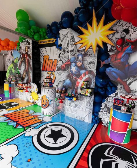 Avengers Backdrop Ideas, Avengers Birthday Backdrop, Marvel Decorations Party, Marvel Backdrop, Marvel Themed Birthday Party, Marvel Themed Party, Avengers Backdrop, Avengers Birthday Party Decorations, Marvel Decor