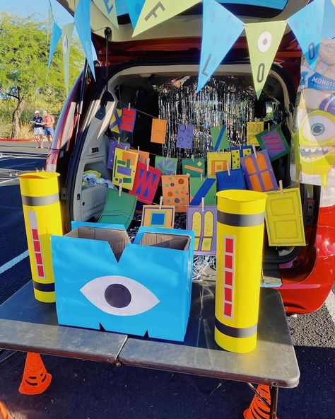 Ally Paz | Trunk or treat was a huge success! We had a ton of fun. My 38th week of pregnancy was a week of painting these doors and making this come... | Instagram Little Shop Of Horrors Trunk Or Treat, The Claw Trunk Or Treat, Stitch Trunk Or Treat Ideas, Book Trunk Or Treat, Monsters Inc Trunk Or Treat Ideas, Monsters Inc Trunk Or Treat, Inside Out Trunk Or Treat, Monsters Inc Halloween, Trunker Treat Ideas