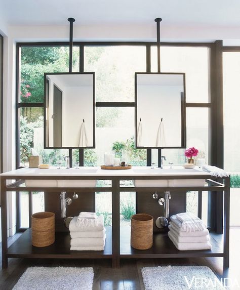 Bathroom Vanity in Front of Window - Contemporary - bathroom - Veranda Vanity In Front Of Window, Sleek Bathroom Design, Sleek Bathroom, Bright Bathroom, Easy A, Bathroom Windows, Bath Room, Hanging Mirror, Beautiful Bathrooms