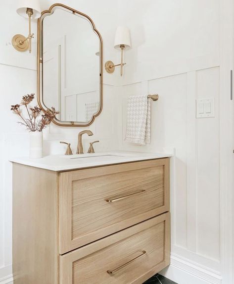 Floating Wood Vanity Powder Room, Half Bath Wood Vanity, Natural Half Bathroom Ideas, Powder Bath Wainscoting, 36” Bathroom Vanity Ideas, Small Floating Bathroom Vanity, French Country Half Bath, Powder Room Floating Vanity, Wainscoting Powder Room