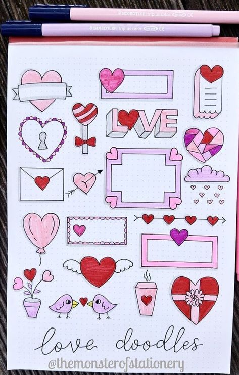 Love Dairy Ideas Notebook, Love Diary Decoration Ideas, Banners Journal, February Doodles, Bujo Heart Theme, Valentine Notebook Idea, Valentine’s Day Sketchbook Ideas, Composition Notebook Journal, Valentine Doodle