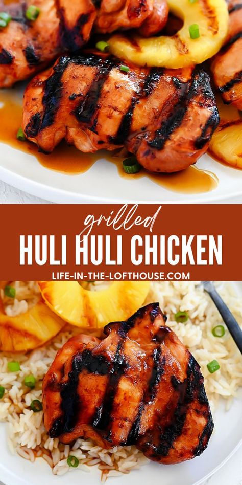 Grilled Huli Huli Chicken is delicious grilled chicken bursting with pineapple and Hawaiian flavor. Life-in-the-Lofthouse.com Hulu Huli Chicken, Hulu Hulu Chicken, Summer Time Dinners, Grilled Huli Huli Chicken, Huli Huli Chicken Recipe, Hawaiian Chicken Recipes, Huli Chicken, Huli Huli, Huli Huli Chicken