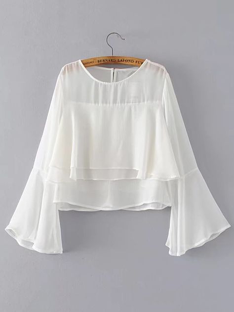 Shop Bell Sleeve Layered Chiffon Blouse online. SheIn offers Bell Sleeve Layered Chiffon Blouse & more to fit your fashionable needs. Floral Blouse Outfit, Sheer Chiffon Blouse, Easy Fashion, Stylish Short Dresses, Fashion Top Outfits, Fashion Tops Blouse, Trendy Fashion Tops, Stylish Party Dresses, Classy Work Outfits