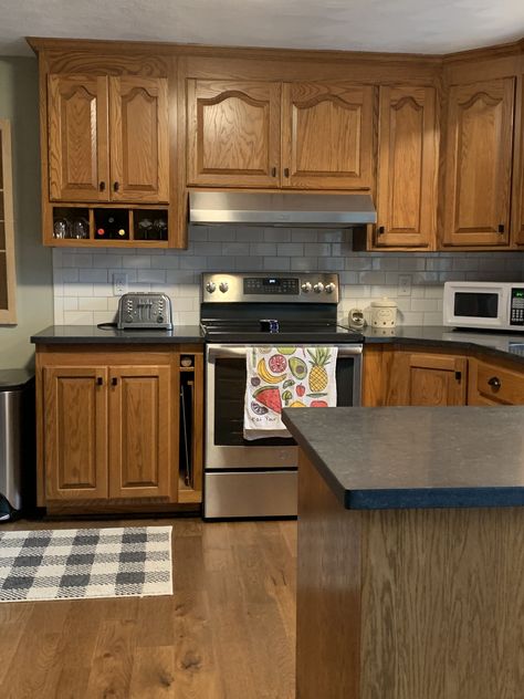 Oak Kitchen Cupboards, Flooring With Golden Oak Cabinets, Golden Oak Kitchen Cabinets, Golden Oak Kitchen, Under Counter Storage, Modern Oak Kitchen, Kitchen Cabinets And Flooring, Rustic Kitchen Backsplash, Oak Kitchen Remodel