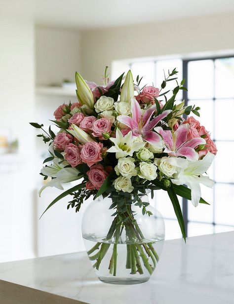 Flower Arrangement In Vase, White Lilies Bouquet, Lilly Flower Arrangements, Lily Flower Arrangements, Rose Lily Bouquet, Bouquet Of Flowers In Vase, Stargazer Lily Bouquet, Vase Full Of Flowers, Rose And Lily Bouquet