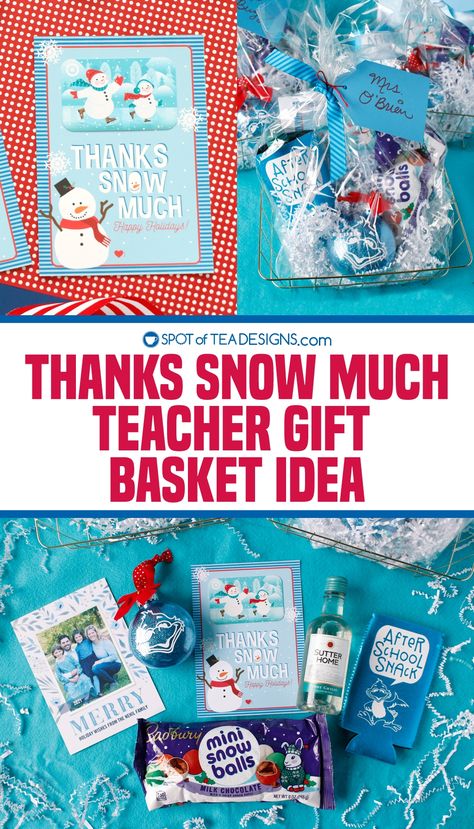 Snowman Themed Gift Basket, Snowman Basket Ideas, Fundraiser Basket Ideas, Teacher Gift Basket, Happy Holidays Message, Fundraiser Baskets, Christmas Treats For Gifts, Teacher Gift Baskets, Snow Theme