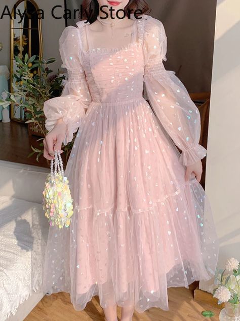 Lace Elegant Sequin Fairy Dress Women Pink Patchwork Vintage Party Midi Dresses Female Casual Sweet Princess Kawaii Dress 2022 - Dresses - AliExpress Fairycore Dress, Pink Patchwork, Dress 2022, Modest Dresses Casual, Cottagecore Dress, Kawaii Dress, Fairytale Dress, Design Clothes, Women Pink